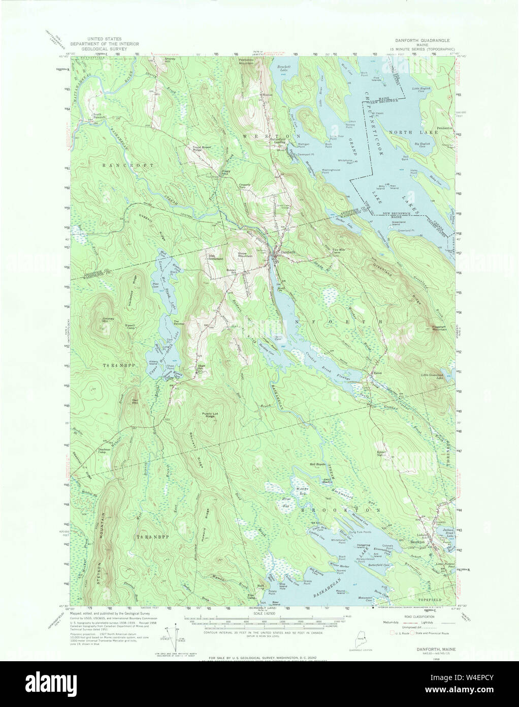 Maine USGS Historical Map Danforth 306533 1958 62500 Restoration Stock