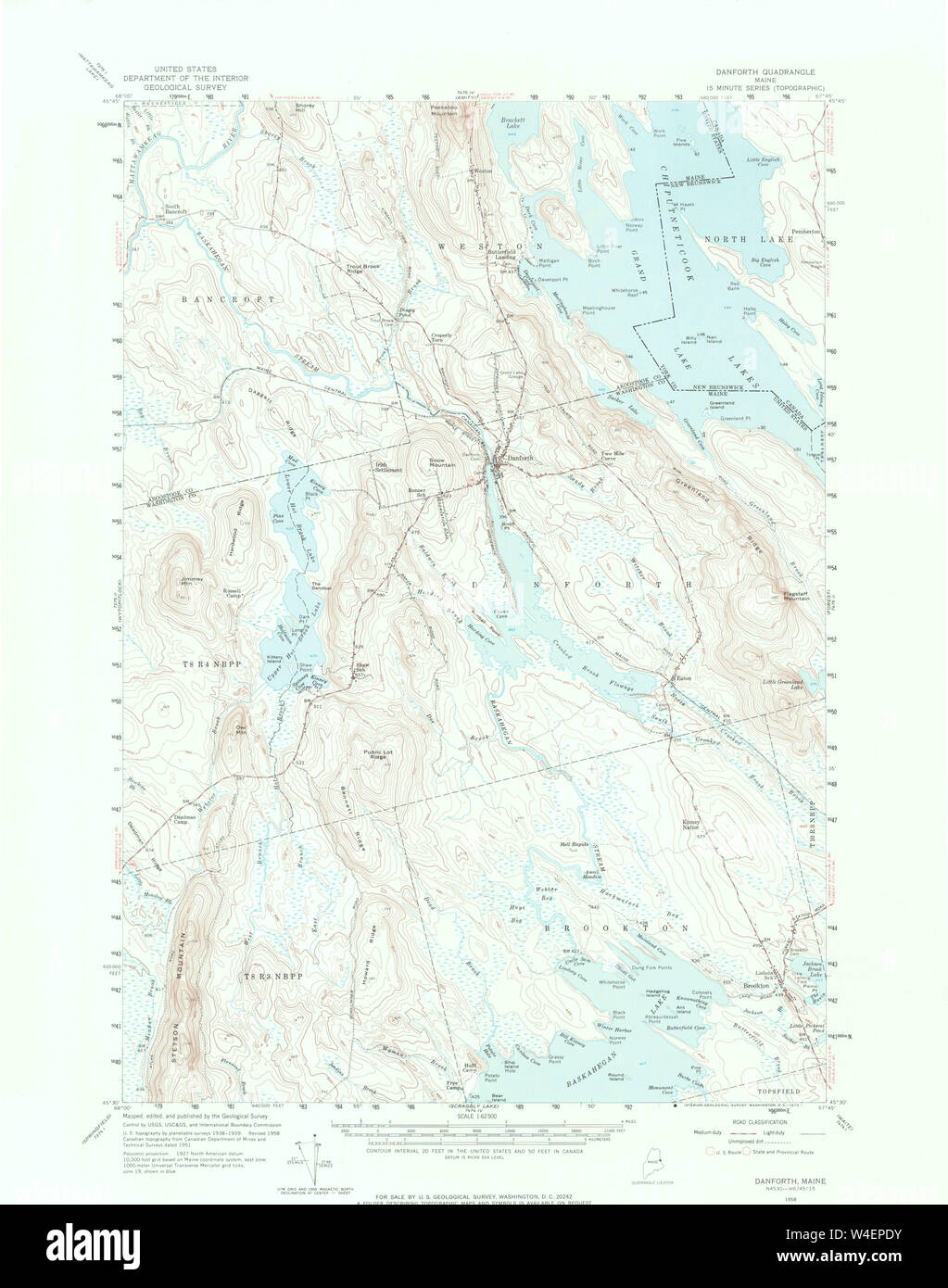 Maine USGS Historical Map Danforth 306535 1958 62500 Restoration Stock