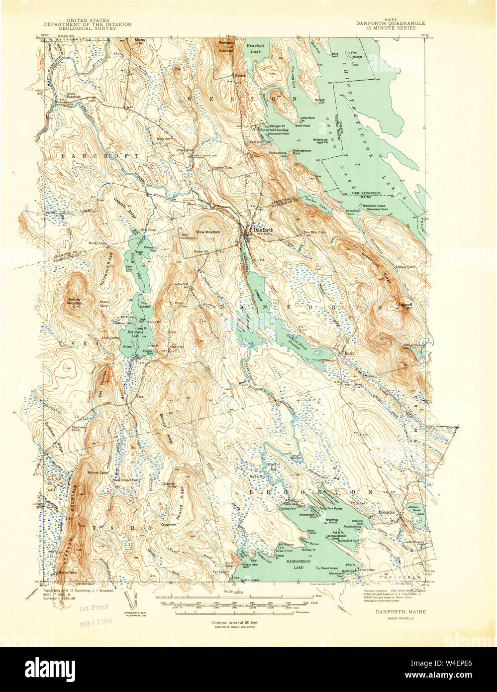 Maine USGS Historical Map Danforth 460342 1940 62500 Restoration Stock
