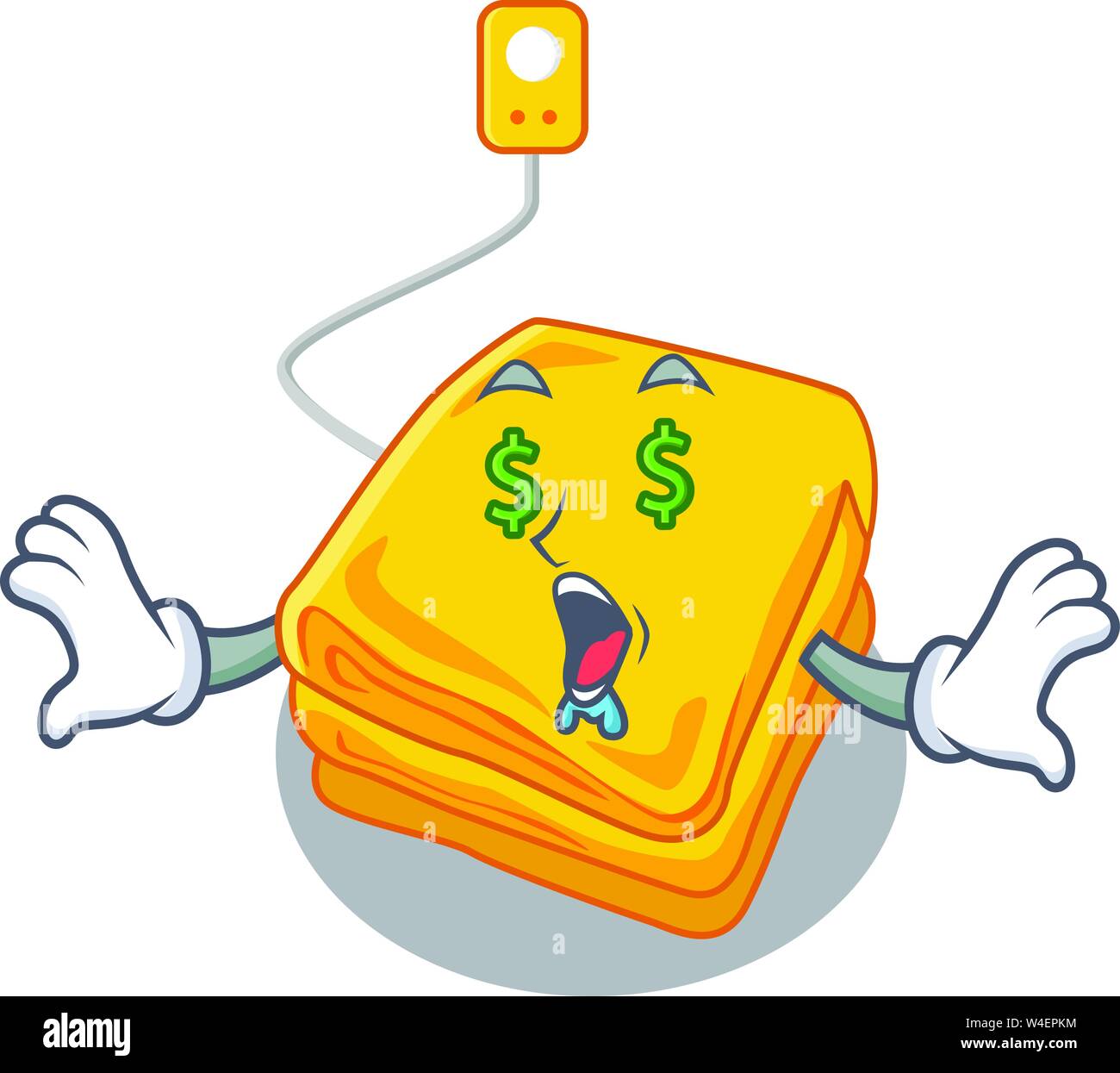 Money eye electric blankets put in cartoon bed vector illustration