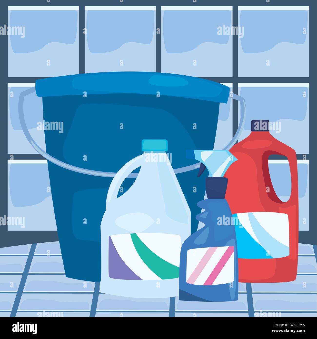 bucket with bottles detergents cleaning products and supplies vector ...