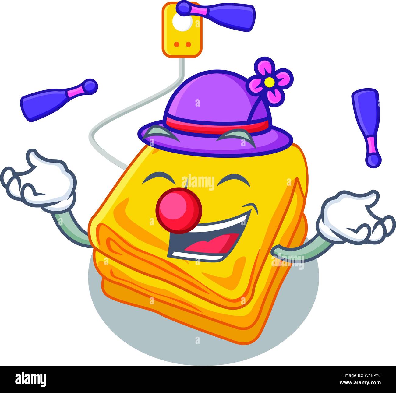 Juggling electric blankets put in cartoon bed vector illustration Stock