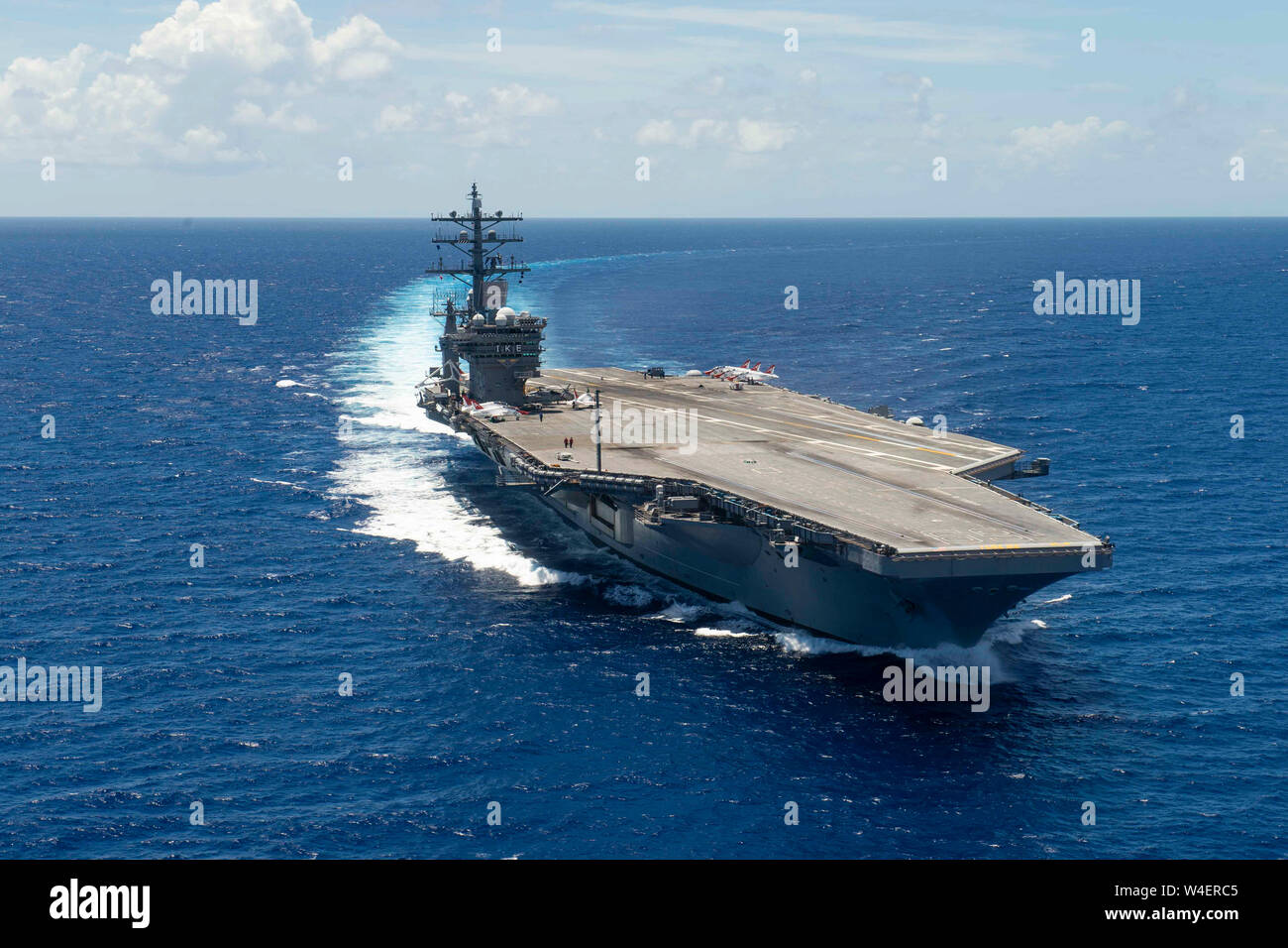 The aircraft carrier USS Dwight D. Eisenhower (CVN 69) transits the Atlantic Ocean, July 16, 2019. Ike is underway in the Atlantic Ocean conducting carrier qualifications while in the basic phase of the Optimized Fleet Response Plan. (U.S. Navy photo by Mass Communication Specialist 3rd Class Sawyer Haskins) Stock Photo