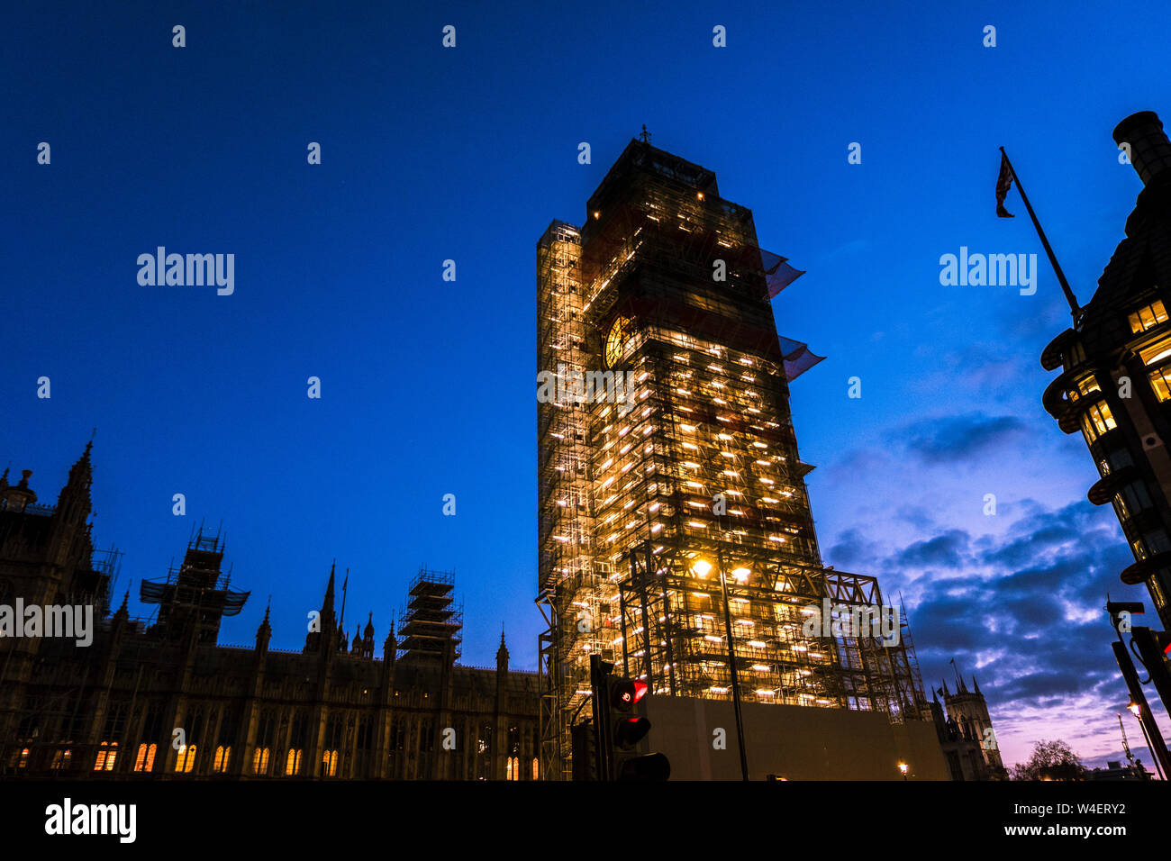 London, UK - March 20 2018: The Elizabeth Tower, the Great Clock and the Great Bell, known as Big Ben, the iconic landmark of London, being scaffolded Stock Photo