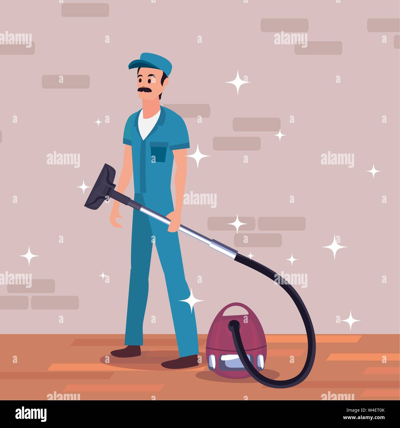 man with vacuum machine cleaning products and supplies vector ...