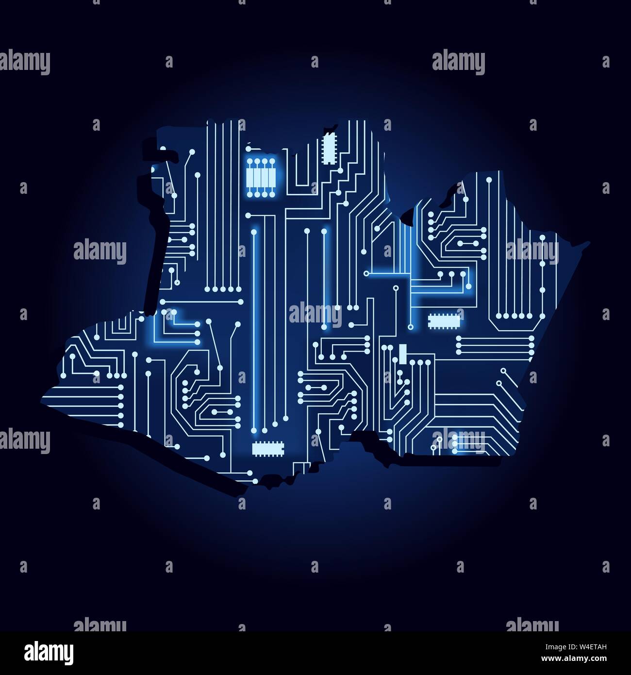 Contour map of Amazonas with a technological electronics circuit. Brazilian state. Blue background. Stock Vector
