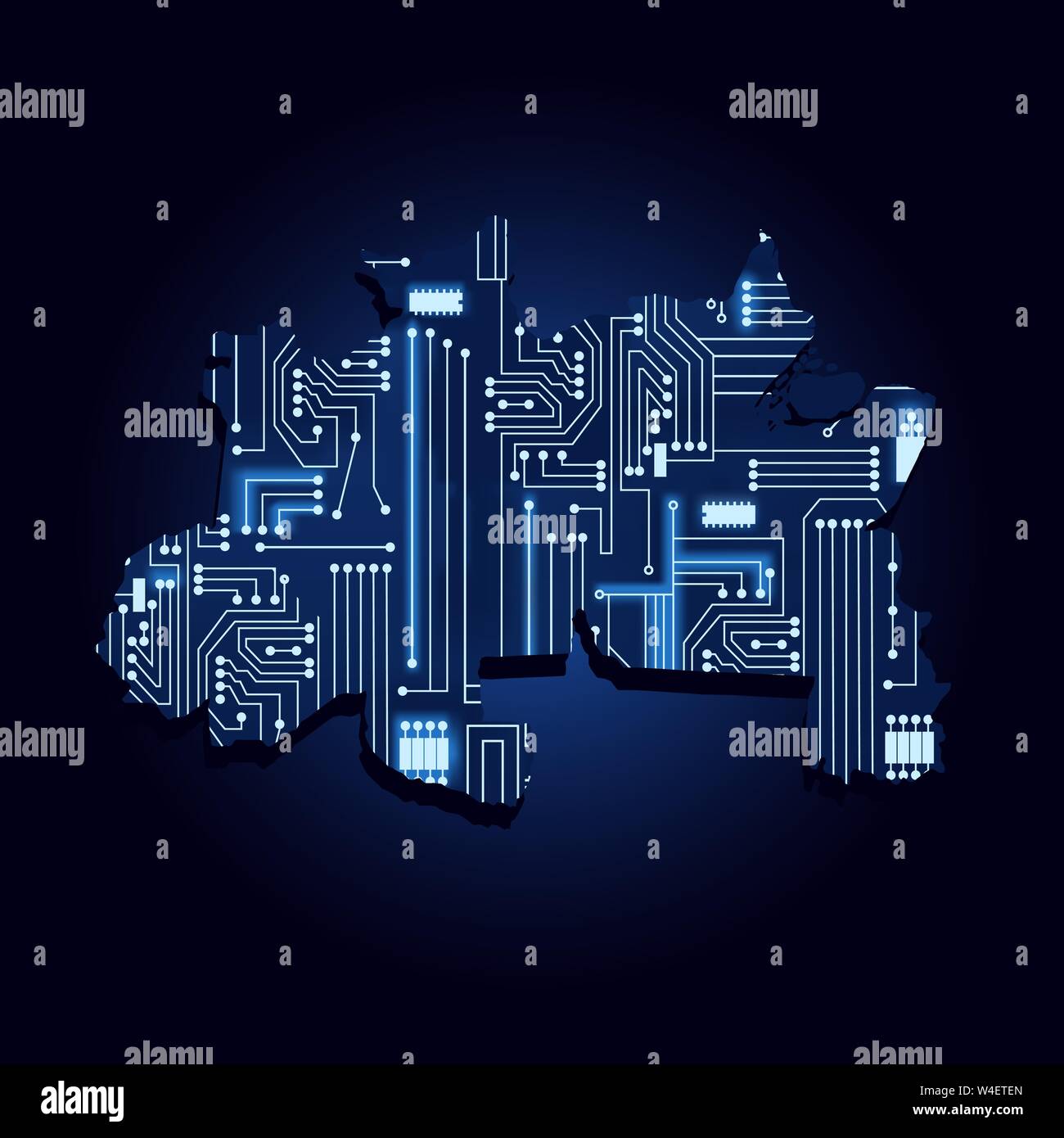 Contour map of North of Brazil with a technological electronics circuit. Brazilian region. Blue background. Stock Vector