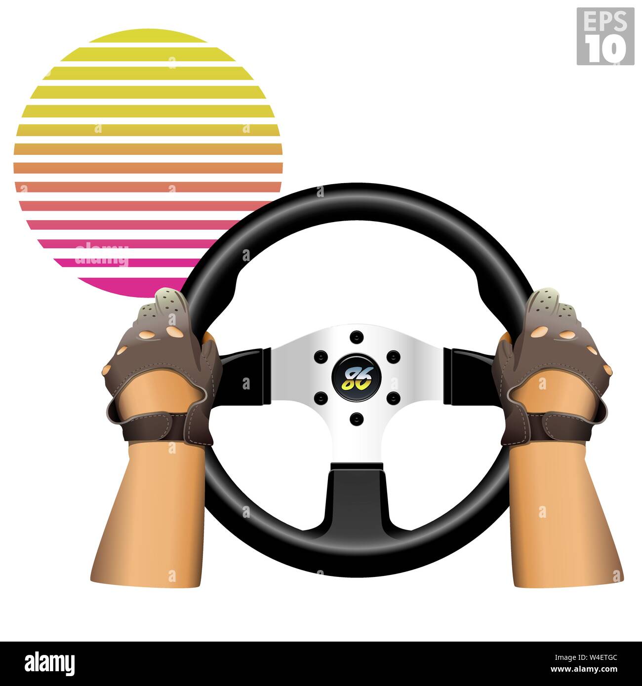 Bad boy driver holding retro steering wheel, wearing 80's style driving leather gloves, sunset in the background in the style of 1986 video games. Stock Vector