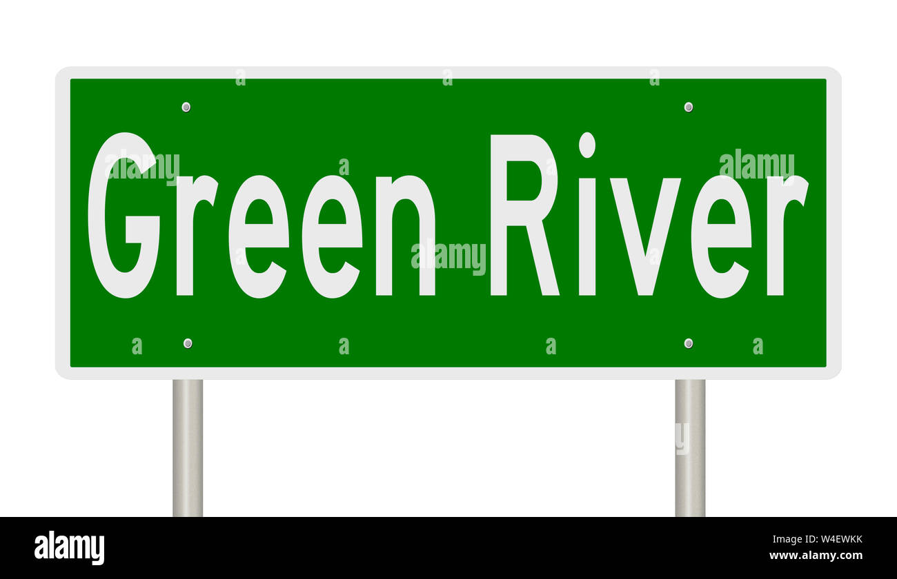 Rendering of a green highway sign for Green River Wyoming Stock Photo