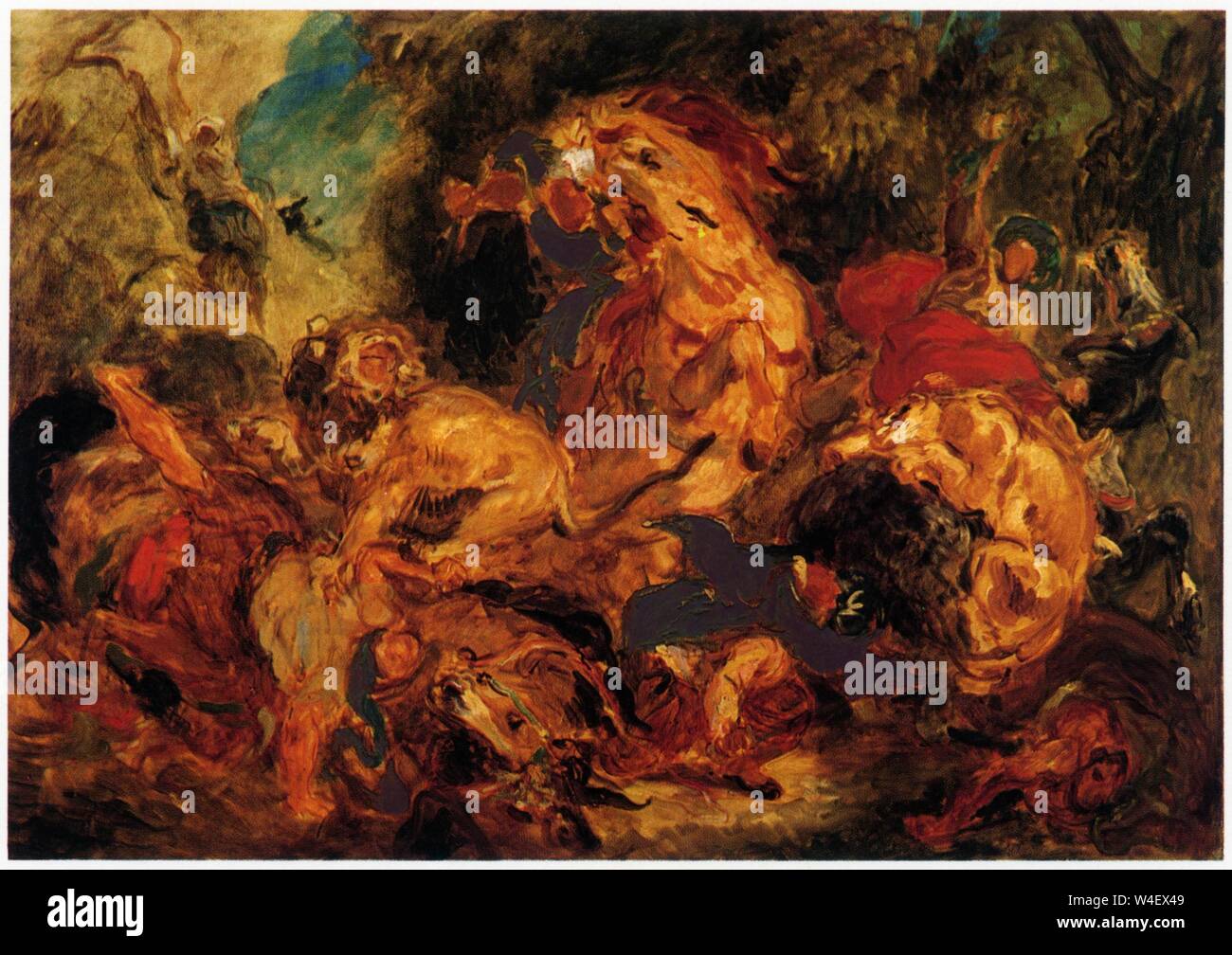 EUGÈNE DELACROIX.(17981863).ESQUISSE DE LA CHASSE AUX LIONS.HUILE SUR