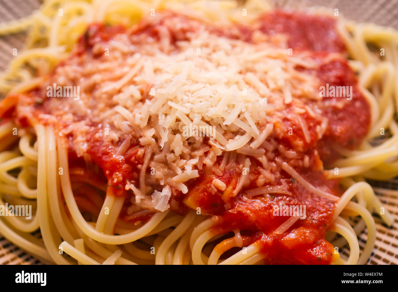 Spaghetti With Tomato Sauce And Grated Cheese Fast Food For Children And Bachelors Stock Photo Alamy