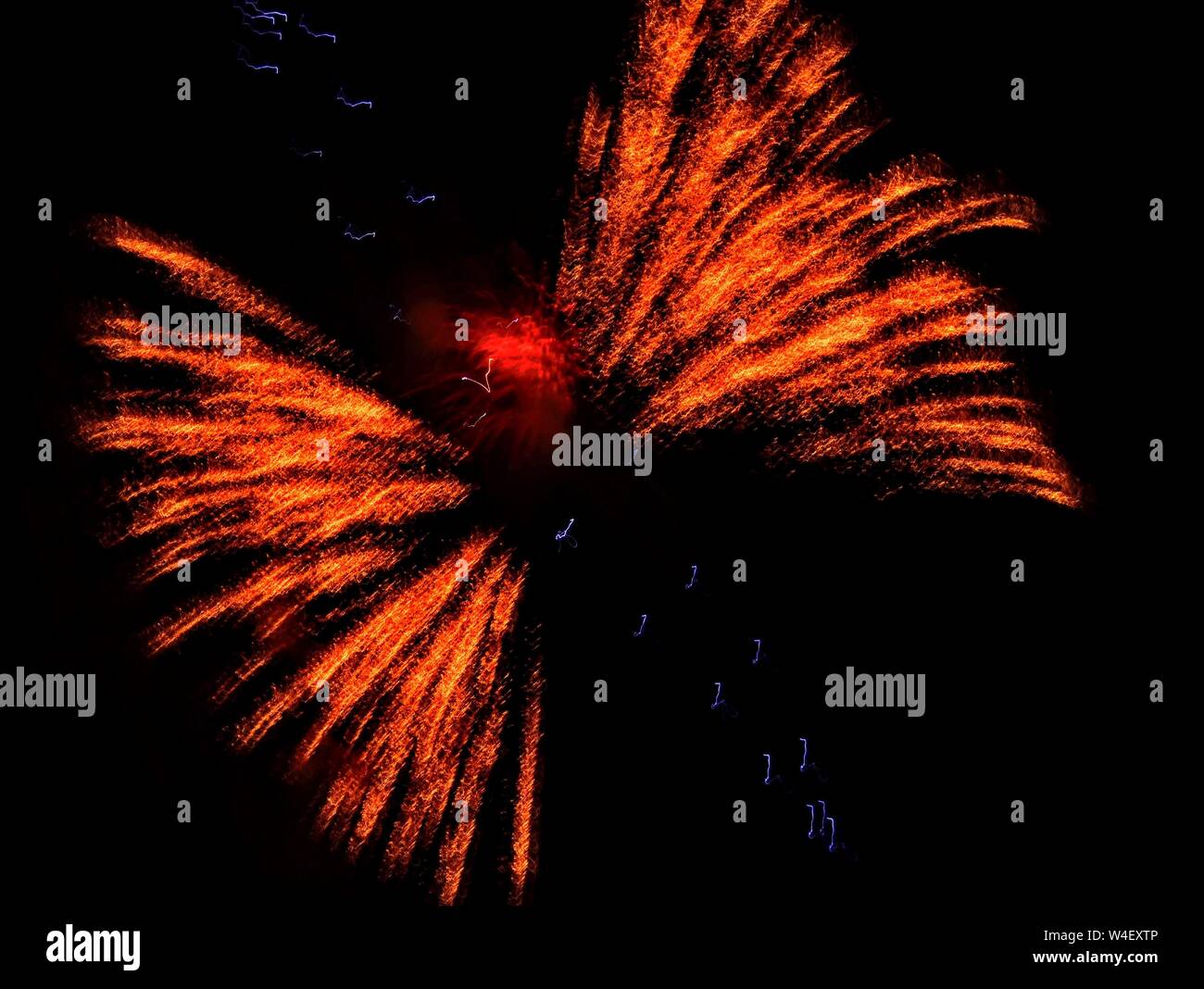 Dragonfly in Flight, Distortion of Fireworks, 4th of July Fireworks Show, Moffat County, Craig, Colorado. 2019 Stock Photo