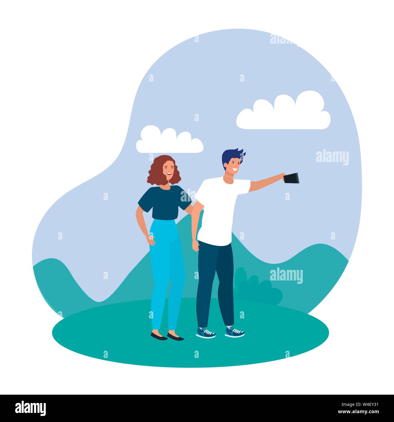 young lovers couple taking a selfie in the camp Stock Vector Image ...