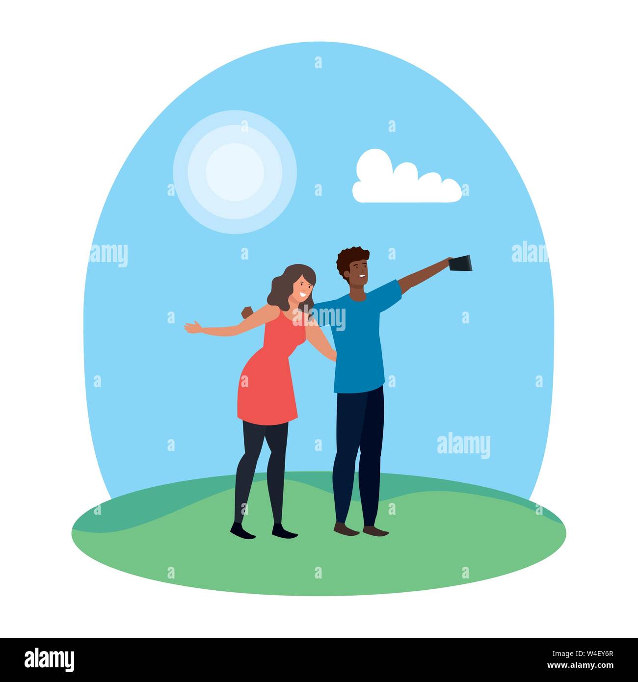 interracial lovers couple taking a selfie in the camp Stock Vector ...