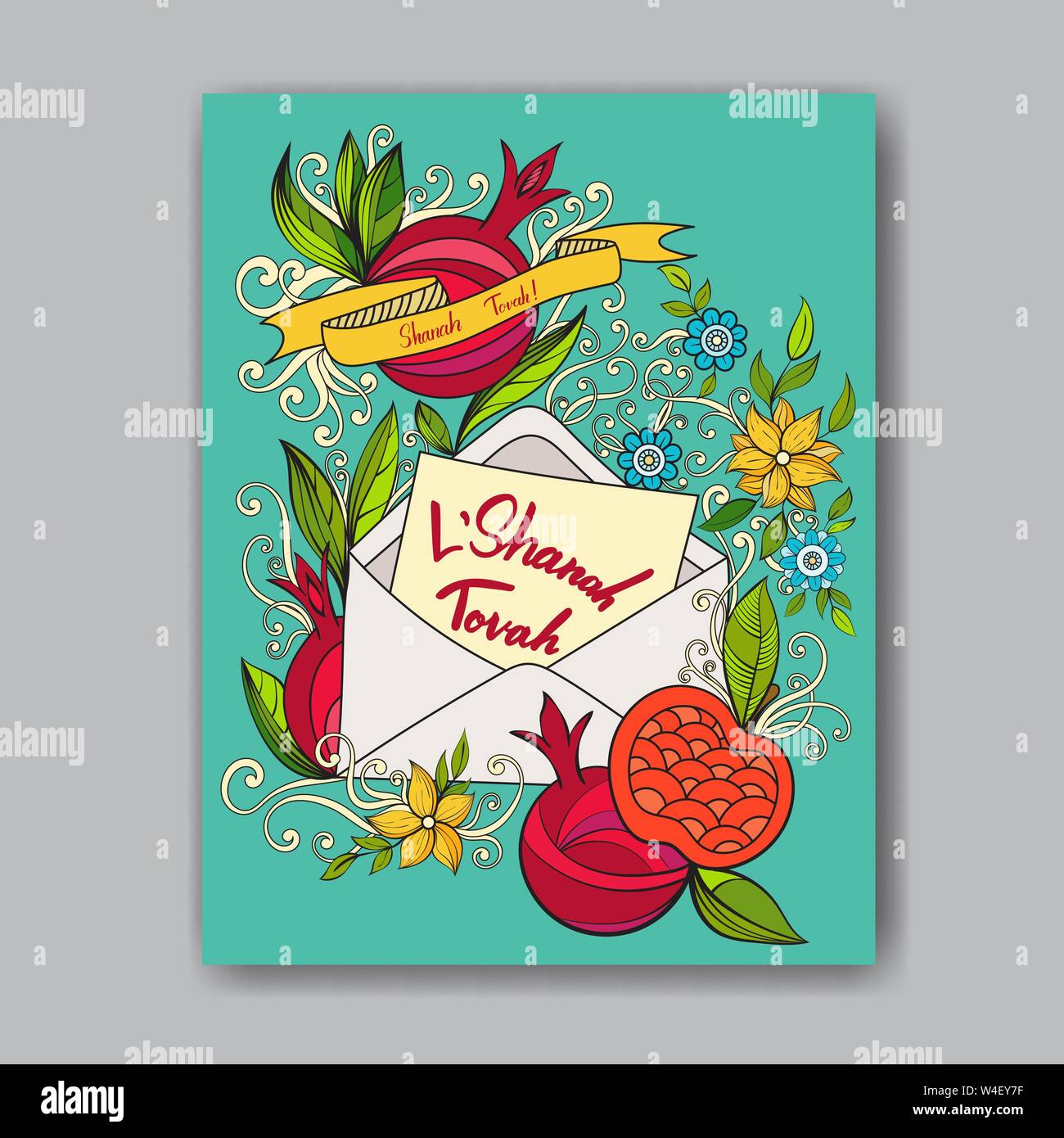 Rosh hashanah - Jewish New Year card template with apple, pomegranate and greeting  card. Hebrew text L'Shanah Tova - Happy New Year. Hand drawn vector  illustration Stock Vector Image & Art - Alamy