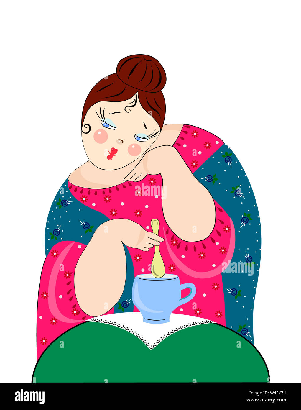 A flat drawing of a simpering Woman drinking tea. A blue handkerchief