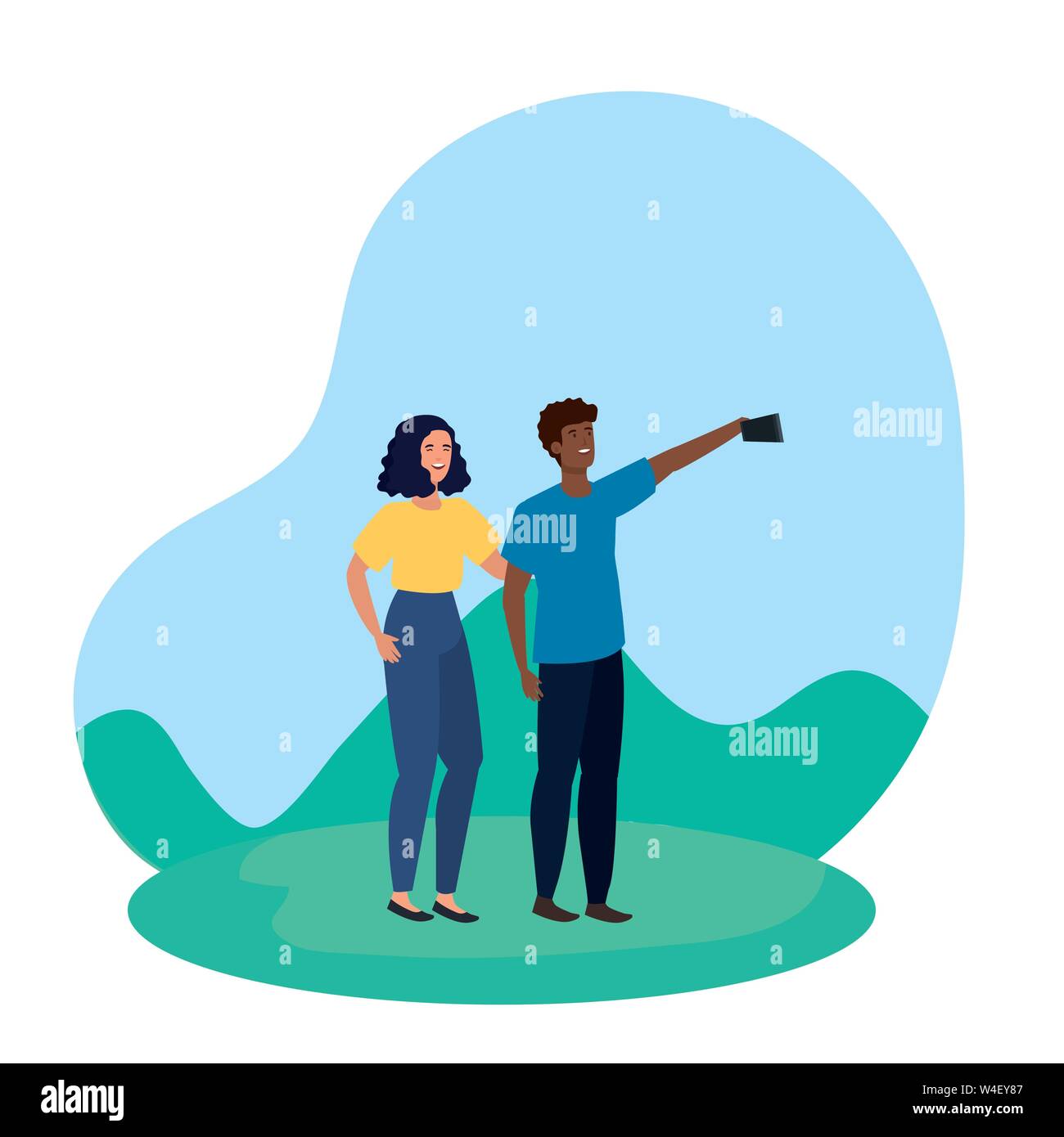 interracial lovers couple taking a selfie in the camp Stock Vector ...