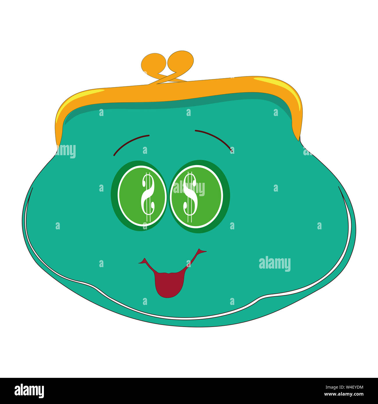 Flat drawing of a green wallet. Wallet with eyes .Smiling cartoon wallet.  Isolated, white.Illustration Stock Photo - Alamy