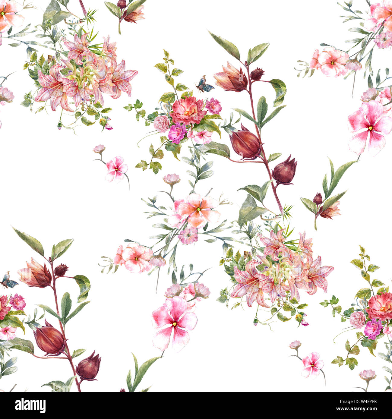 Watercolor painting of leaf and flowers, seamless pattern on white ...