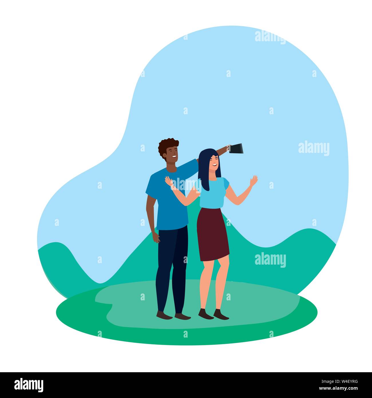 interracial lovers couple taking a selfie in the camp Stock Vector ...