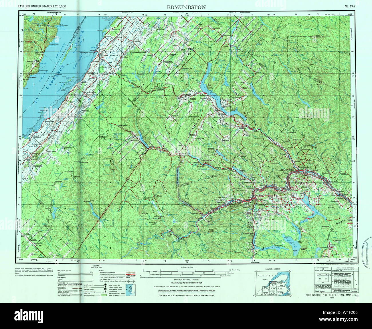 Maine USGS Historical Map Edmundston 806682 1962 250000 Restoration Stock Photo