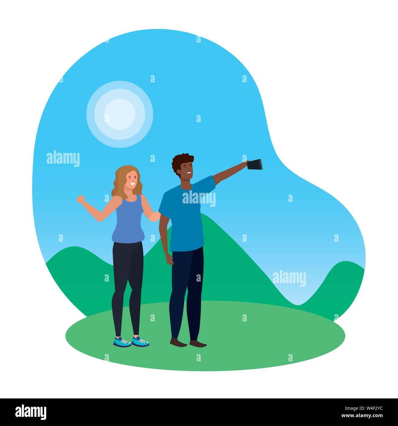 interracial lovers couple taking a selfie in the camp Stock Vector ...