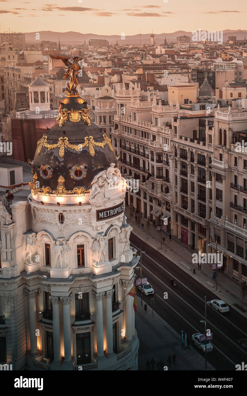 Aerial view of Gran Via Street and Metropolis Hotel Building - Madrid, Spain Stock Photo
