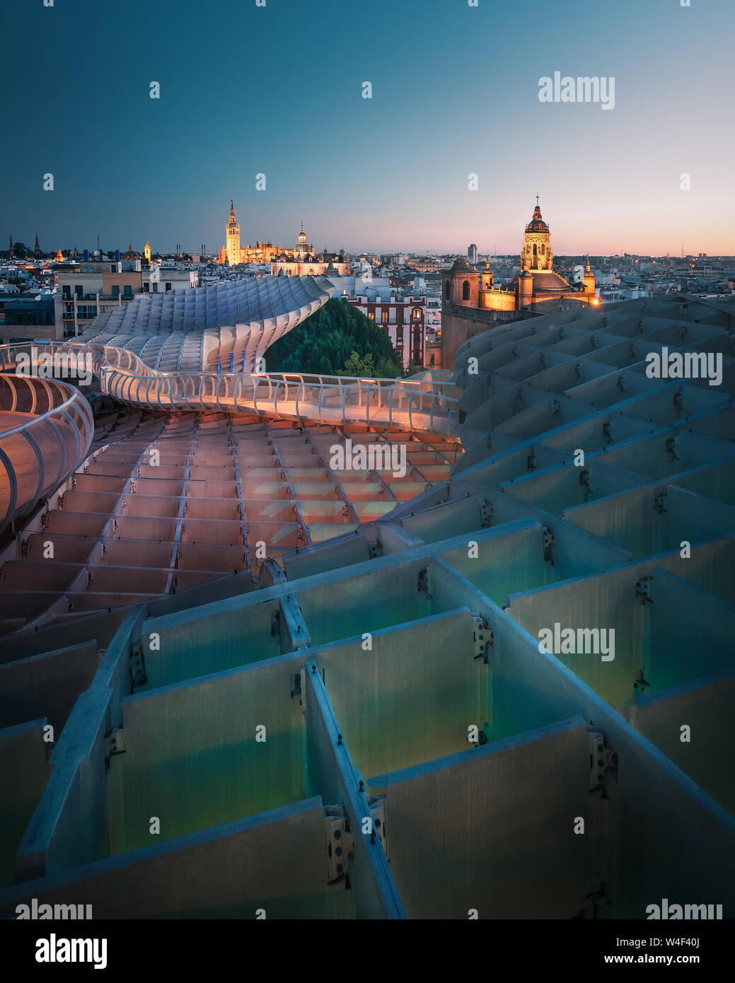 Aerial view of Seville and Metrosol Parasol viewpoint (Las Setas) at night - Seville, Andalusia, Spain Stock Photo