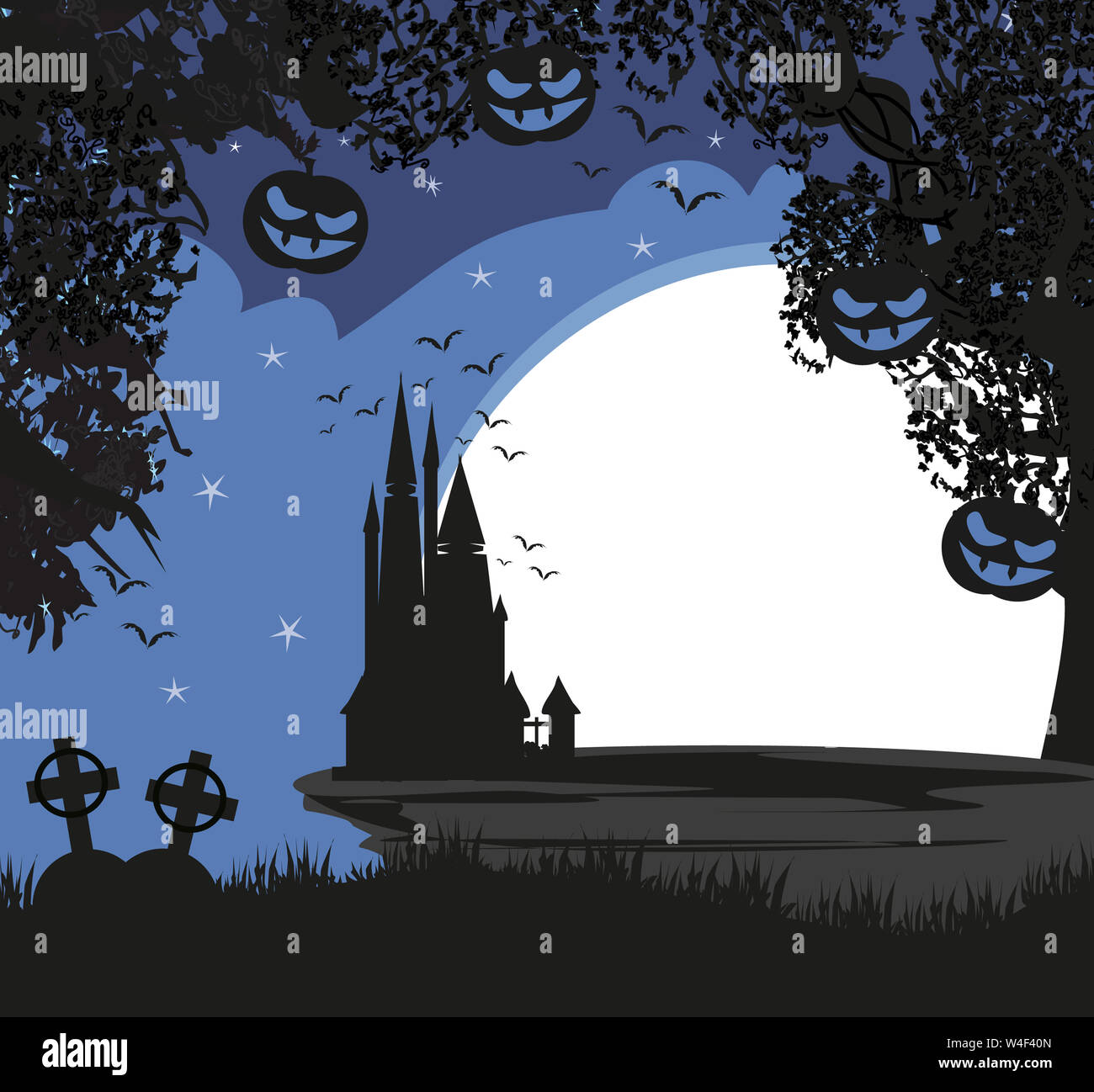 Halloween Night Background With Scary Pumpkins And Silhouette Of Haunted House Stock Photo Alamy