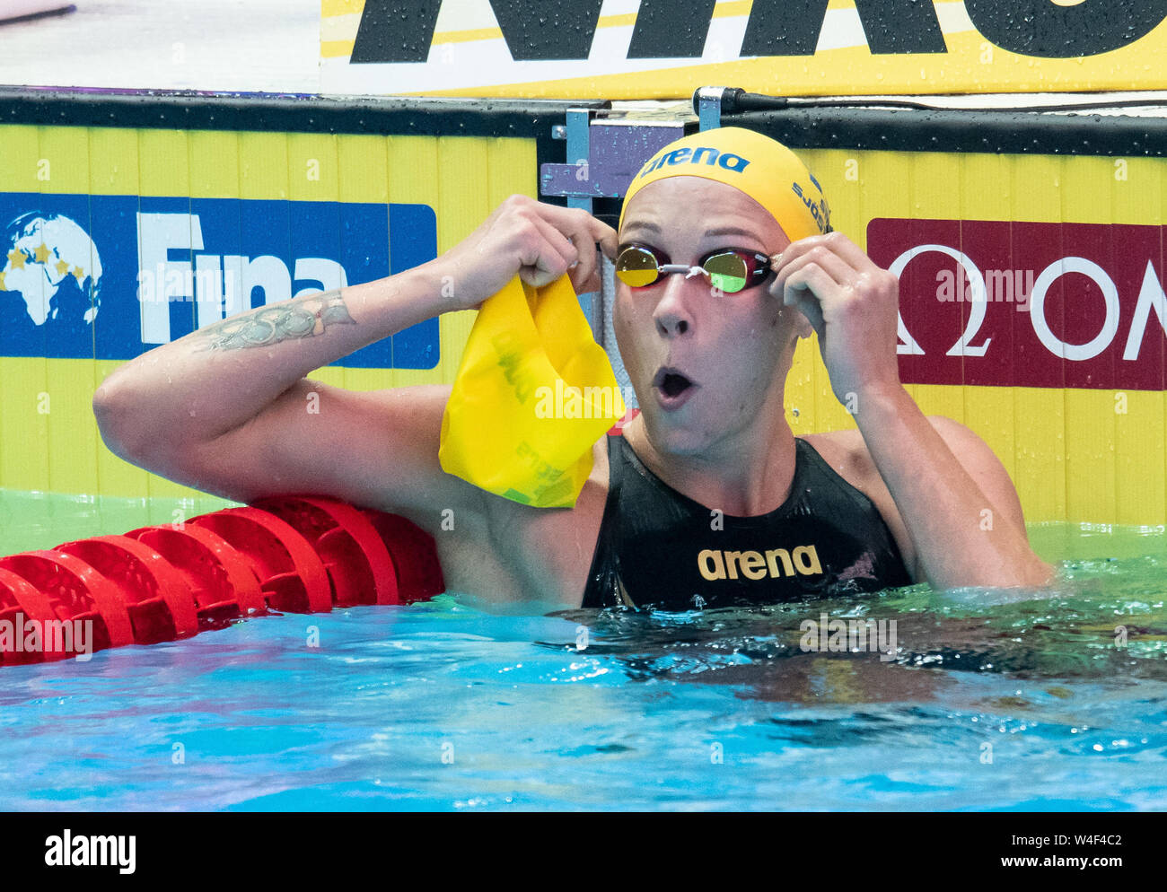 Gwangju, South Korea. 23rd July, 2019. Swimming world championship: 200 meters freestyle women's heat: Sarah Sjöström from Sweden reacts. Credit: Bernd Thissen/dpa/Alamy Live News Stock Photo