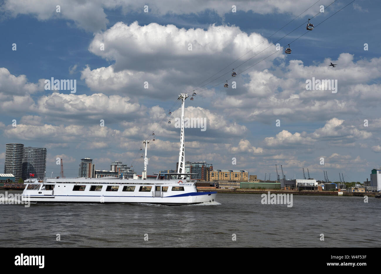 river boat;cable car;aeroplane;river thames;london Stock Photo Alamy