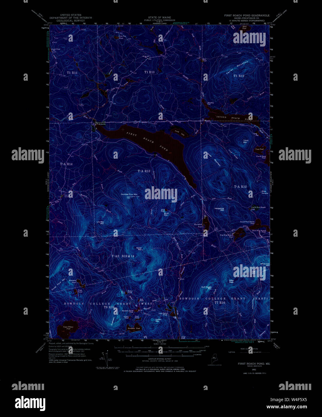 Maine USGS Historical Map First Roach Pond 460392 1952 62500 Inversion Restoration Stock Photo
