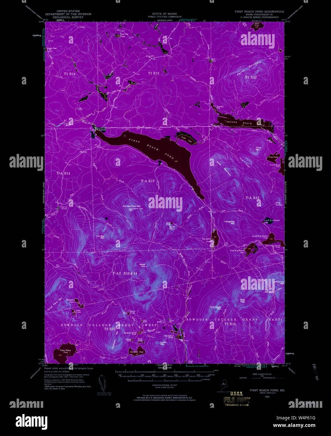 Maine USGS Historical Map First Roach Pond 460393 1952 62500 Inversion Restoration Stock Photo