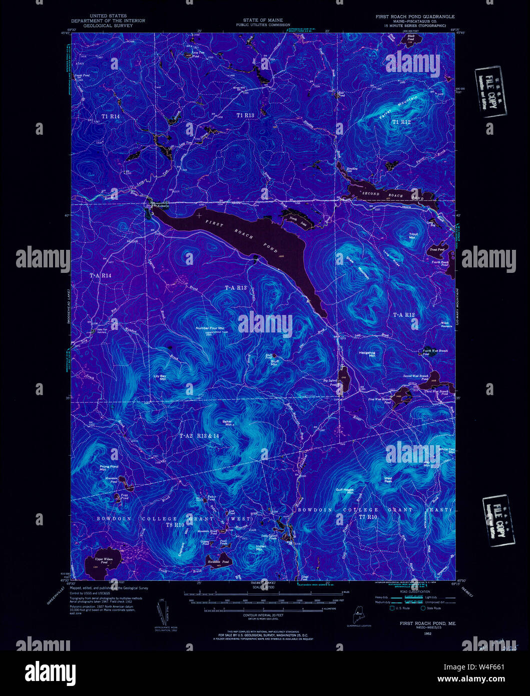 Maine USGS Historical Map First Roach Pond 460395 1952 62500 Inversion Restoration Stock Photo