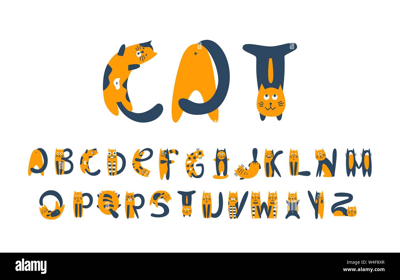 Cats flat vector font. Kittens cartoon stylized alphabet bold symbols. Stock Vector
