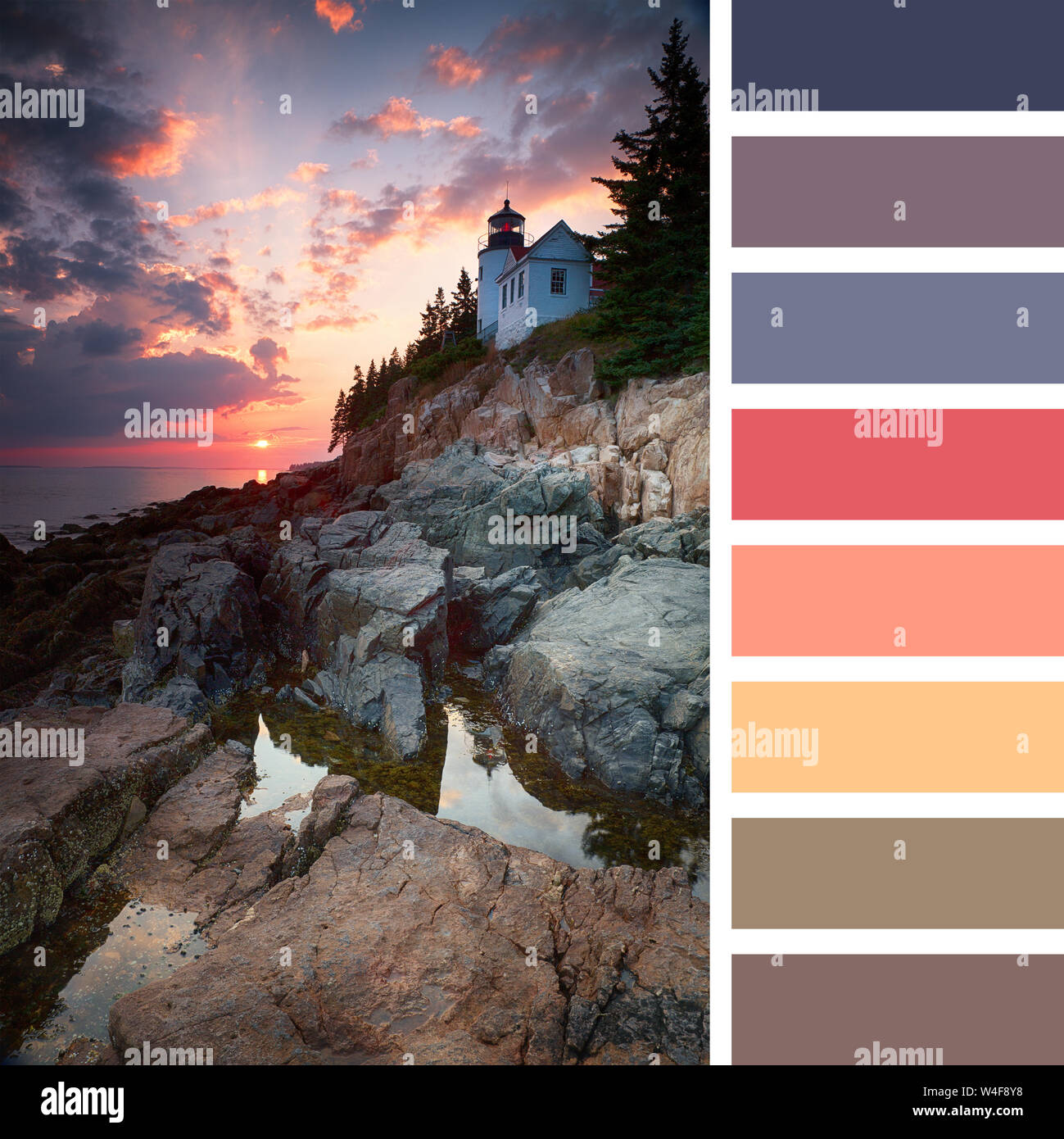 Sunset at Bass Harbor Lighthouse, Mount Desert Island, Maine, USA, with a colour palette of complimentary colour swatches Stock Photo