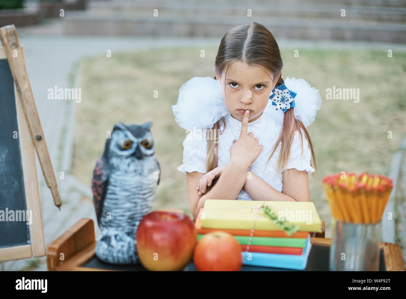 Portrait of sad first-grader sitting at a desk on the background school ...