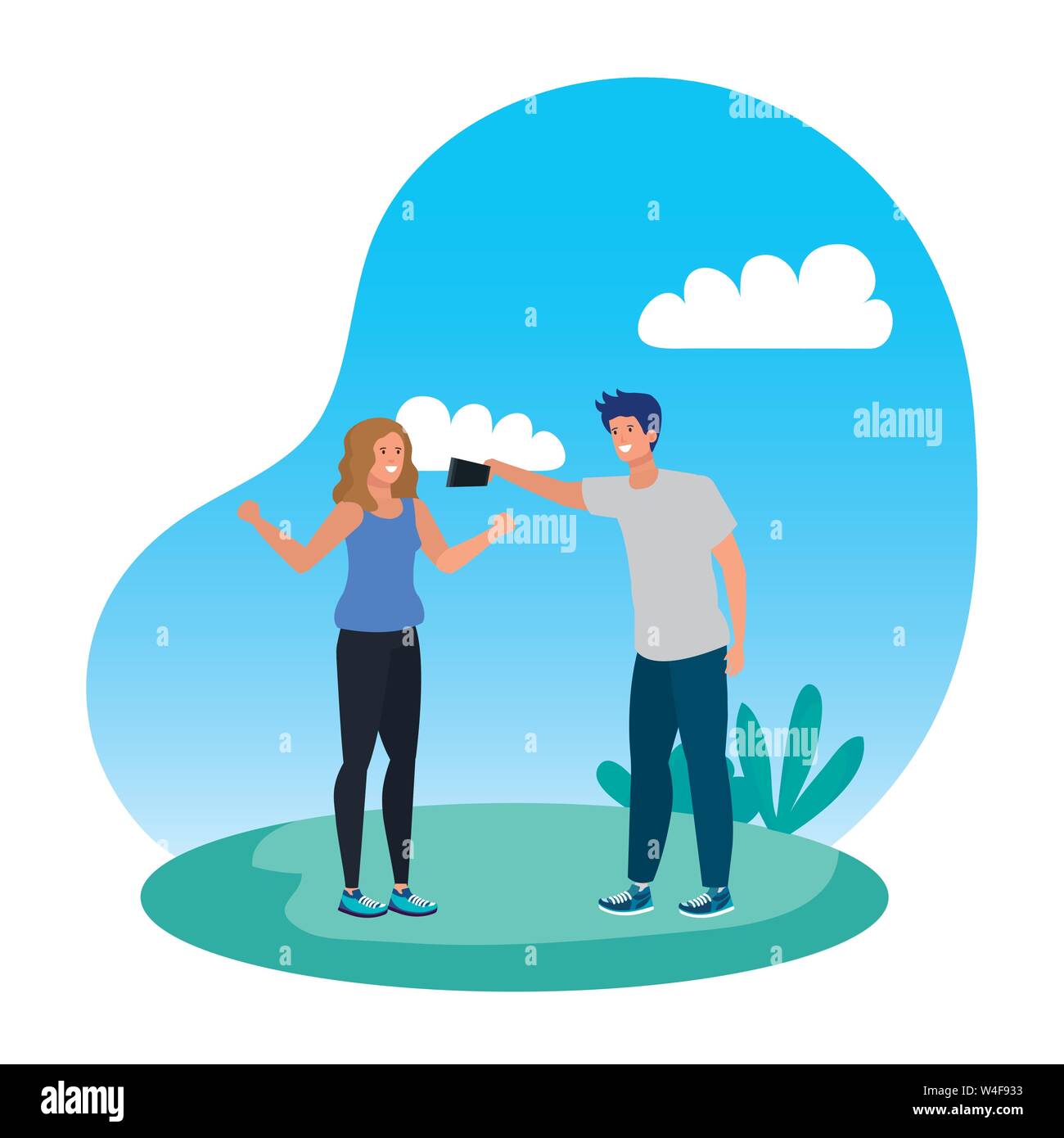 young lovers couple taking a selfie in the camp Stock Vector Image ...