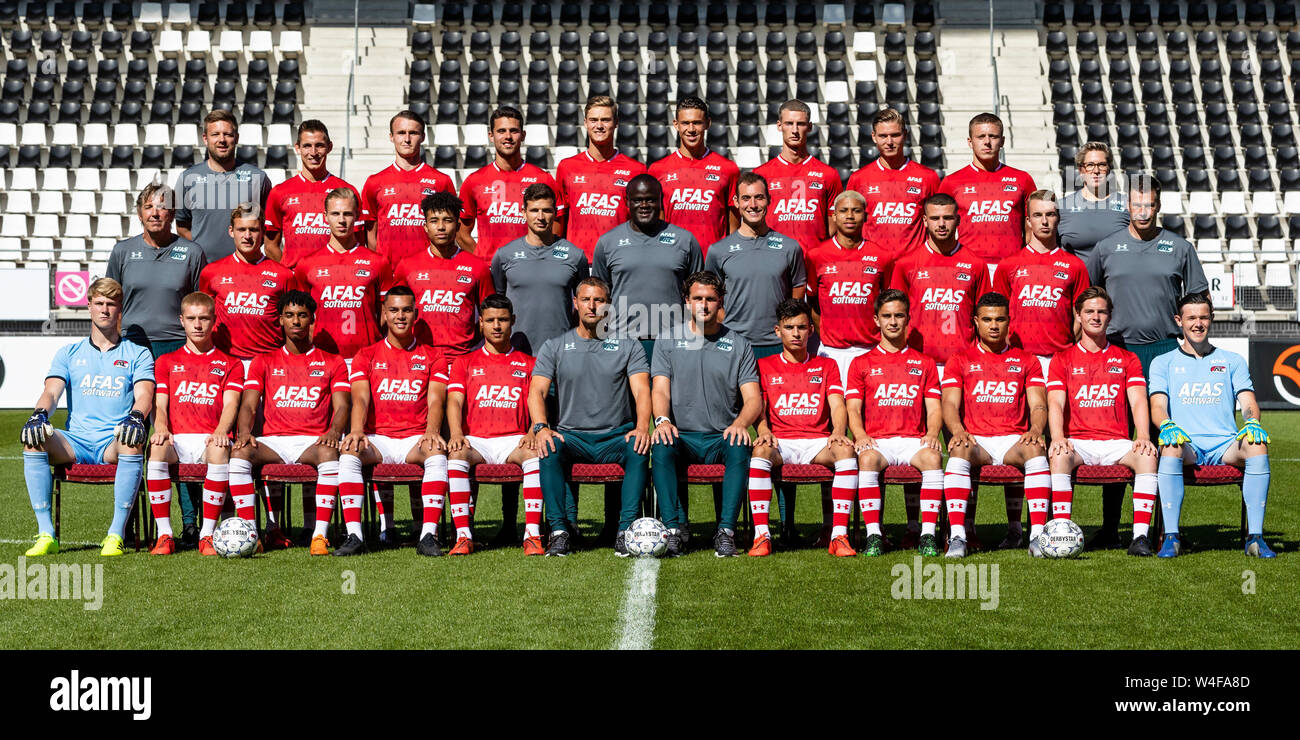 ALKMAAR, 22-07-2019, AFAS Stadion, Dutch football, Keuken Kampioen divisie, season 2019/2020. (Top row L-R), physiotherapist Johan de Haan, Joerie Church, Peer Koopmeiners, Vincent Regeling, Des Kunst, Maxim Gullit, Henri Weigelt, Jelle Duin, Rens van der Wacht, video analyst Nathasja Keur, (Middle row L-R), teammanager Henk Hut, Thijs Oosting, Joey Jacobs, Keyennu Lont, goalkeeperstrainer Bela Szenasi, assistant trainer Kwadjo Boateng, physical trainer Chris Wenker, Richonell Margaret, Mauro Savastano, Justin Bakker, video analyst Bas Naber, (Front row L-R), Beau Reus, Rasmus Wendt, Ro Stock Photo