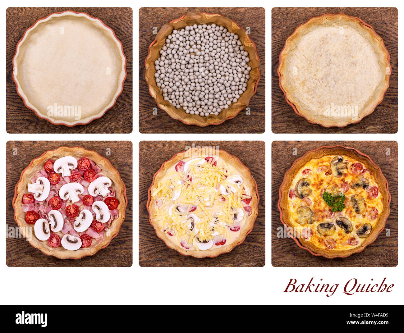 A collage showing the stages of baking a quiche, from pastry through