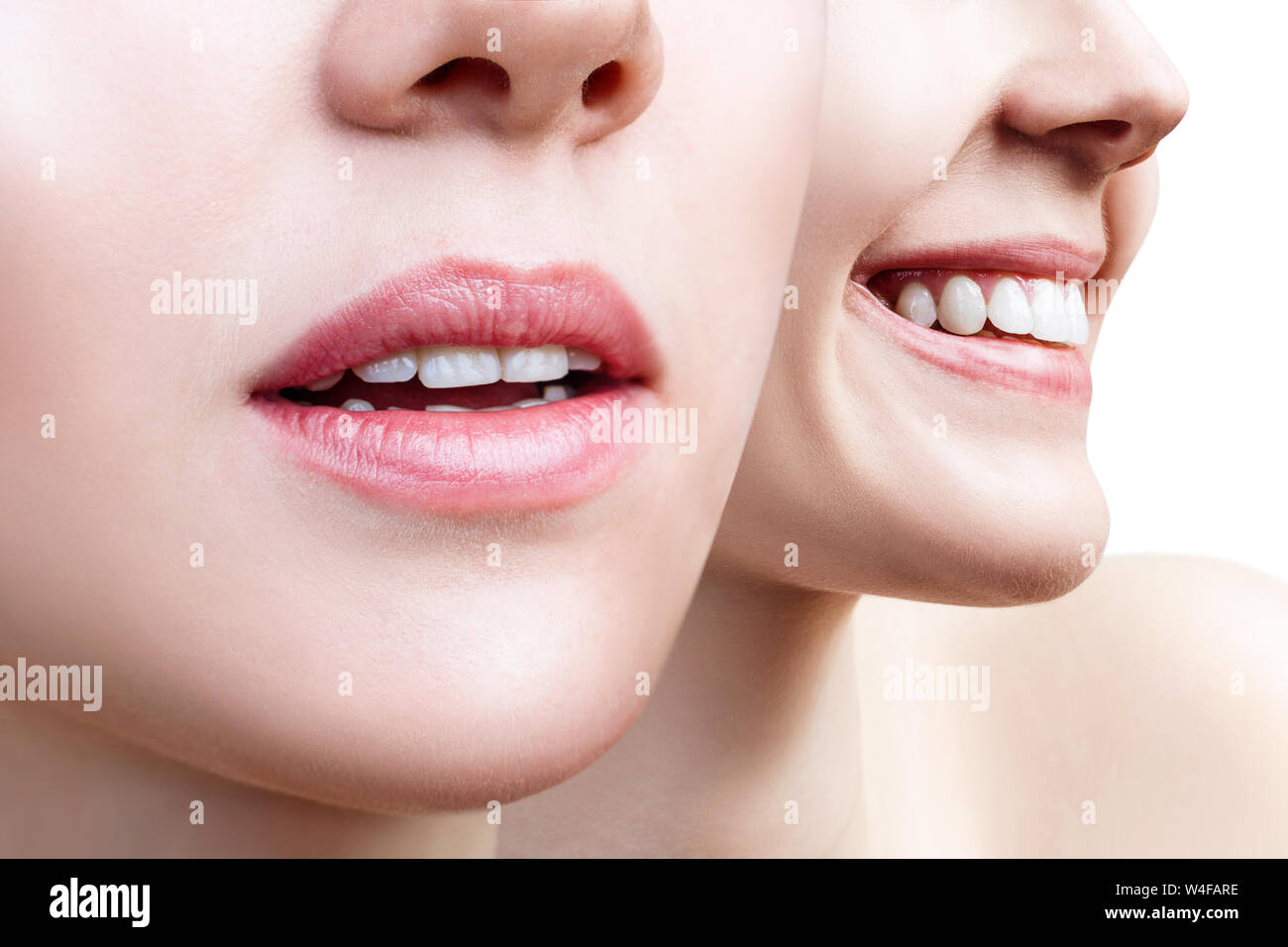 Collage of perfect female teeth closeup with text space. Stock Photo