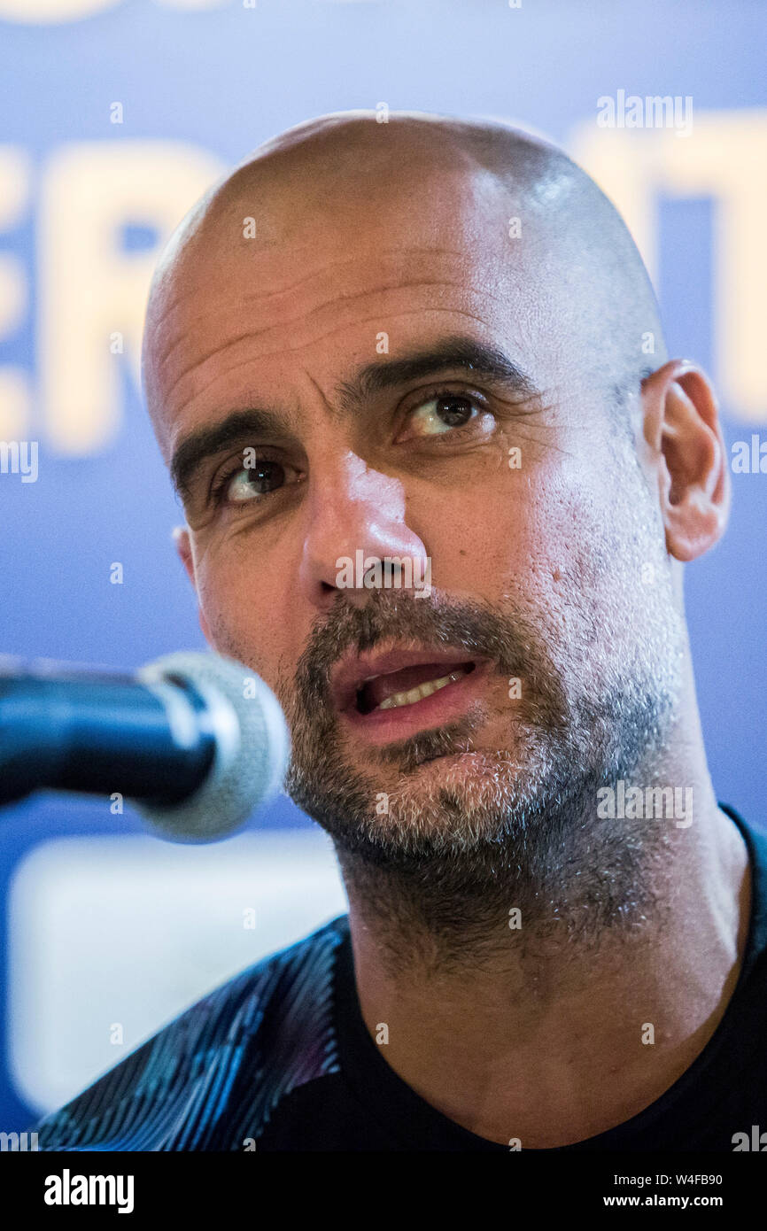 Hong Kong, China. 23rd July, 2019. Premier League club Manchester CityÕs star player Raheem Sterling and Manager Pep Guardiola (pictured) meet the Chinese media at the Grand Hyatt Wan Chai. Credit: Hong Kong Photo News Alamy Live News Stock Photo