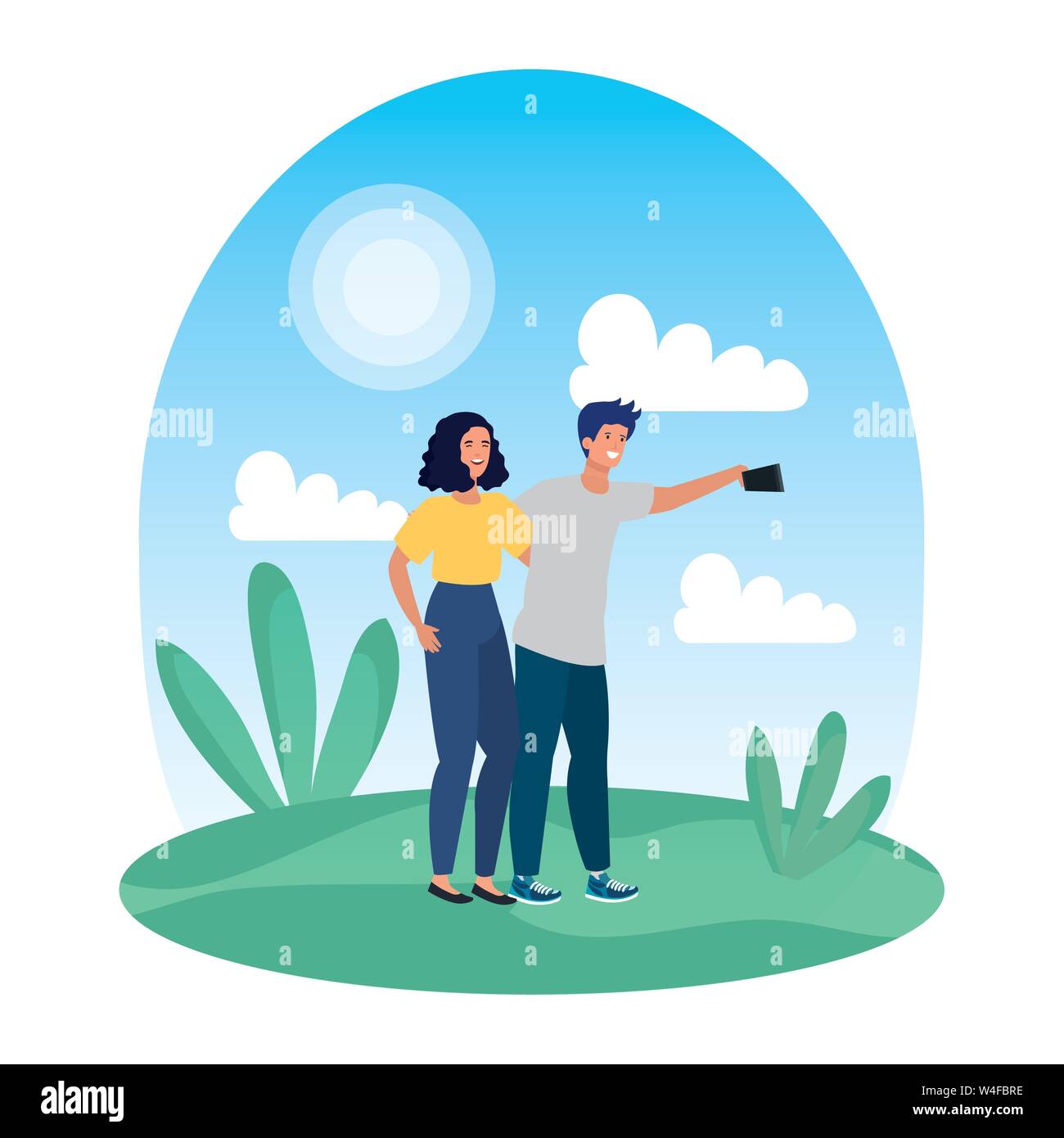 young lovers couple taking a selfie in the camp Stock Vector Image ...