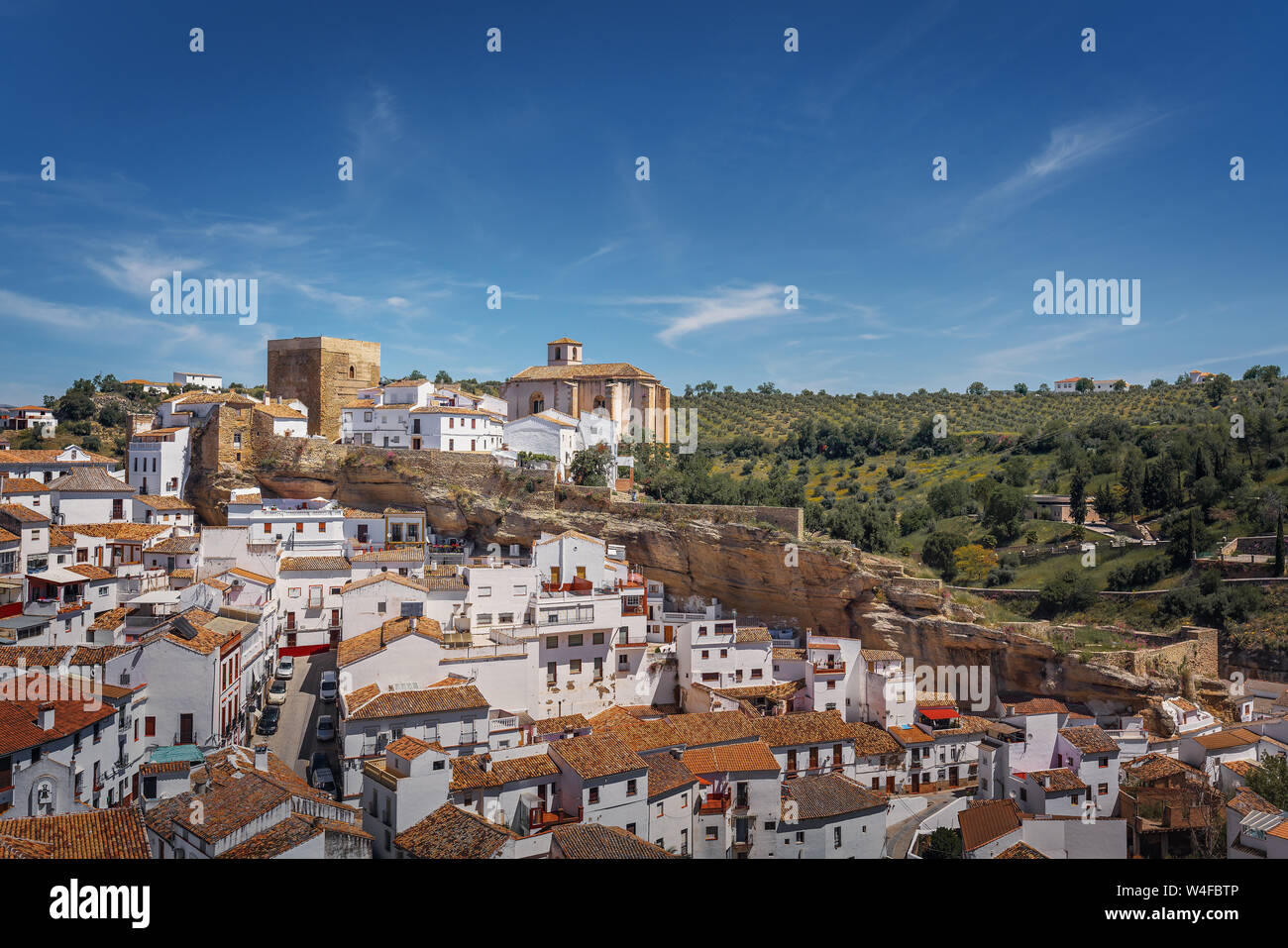 Aerial view of Setenil de las Bodegas - Setenil de las Bodegas, Cadiz Province, Andalusia, Spain Stock Photo