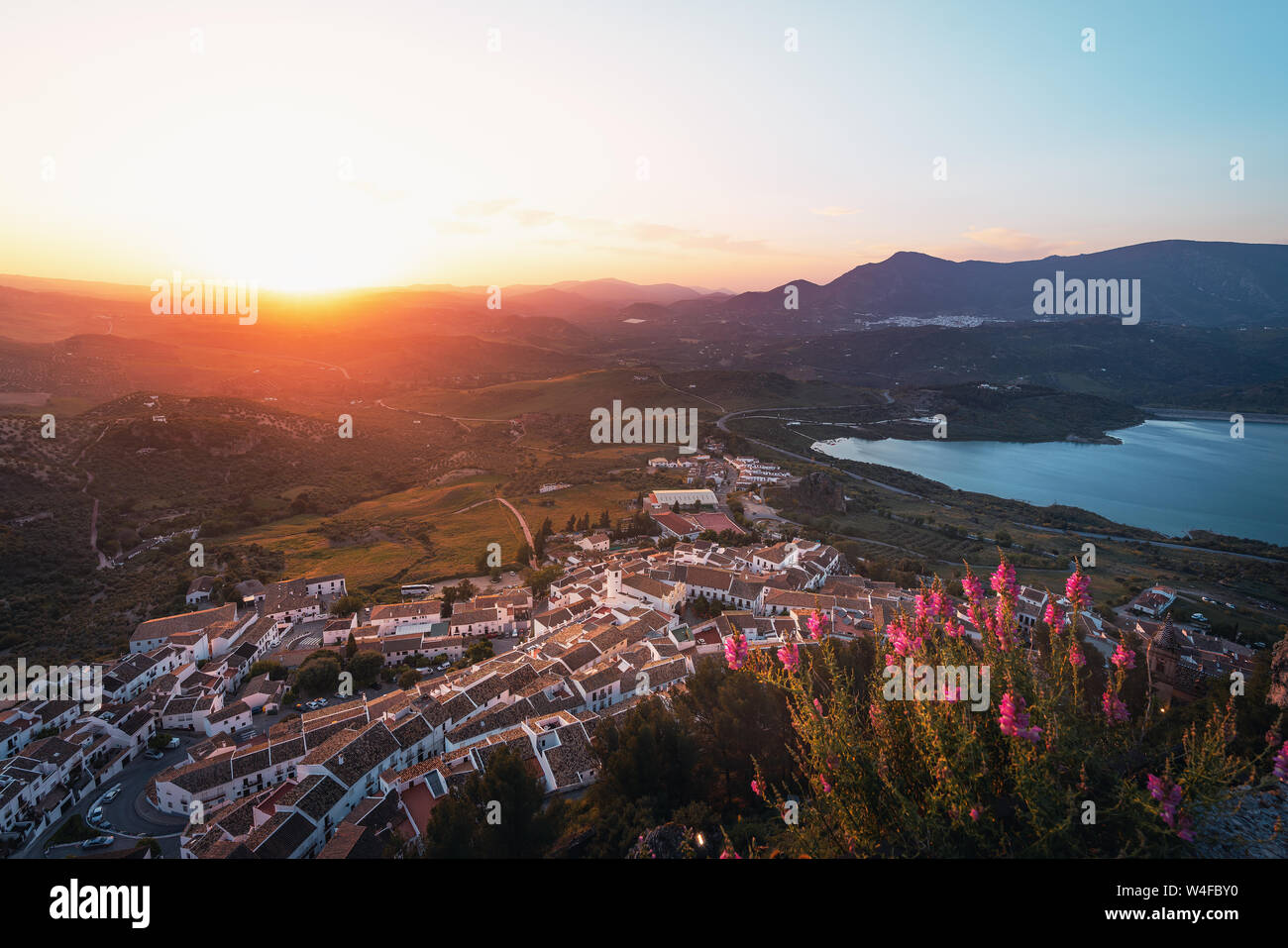 Aerial view of Zahara de la Sierra city at sunset - Zahara de la Sierra ...