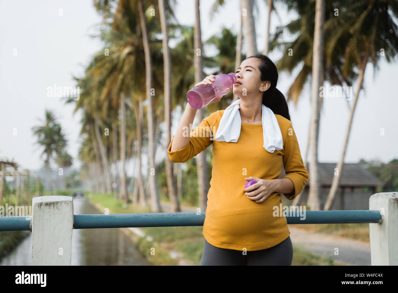 pregnant woman drink water bottle while workout Stock Photo Alamy