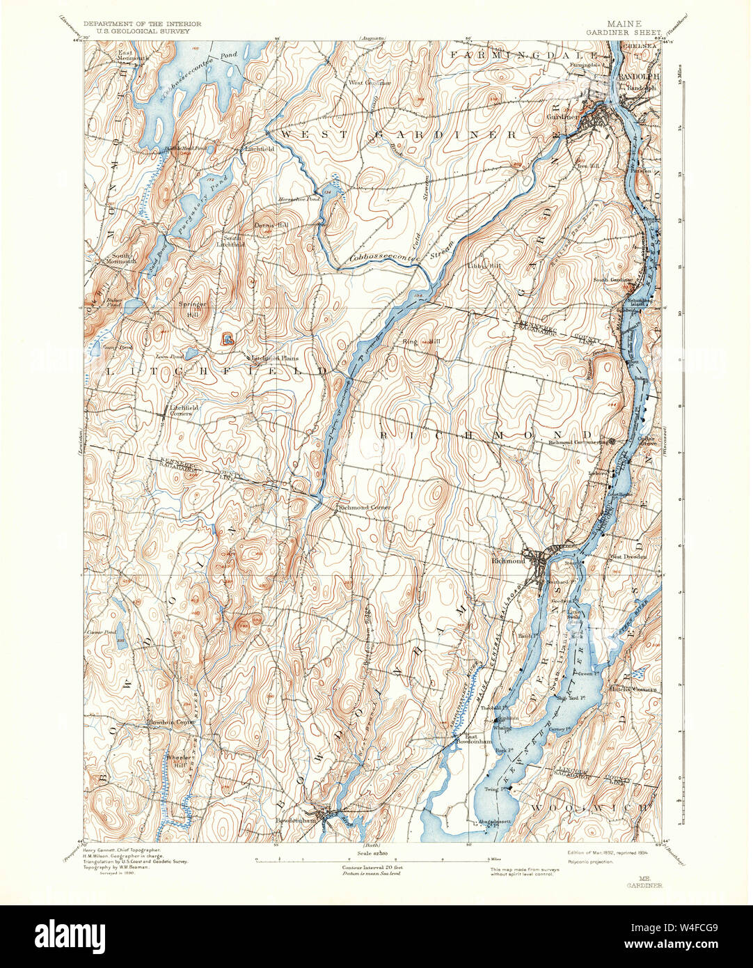 Maine USGS Historical Map Gardiner 460425 1892 62500 Restoration Stock