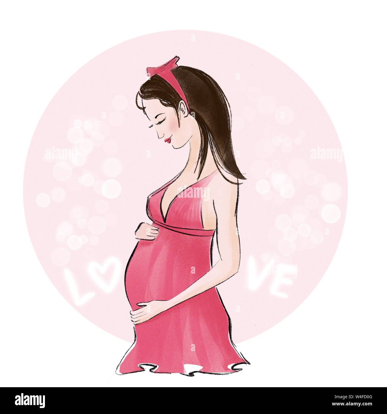 Smiling pregnant woman in rose nightie. Cute and attractive 