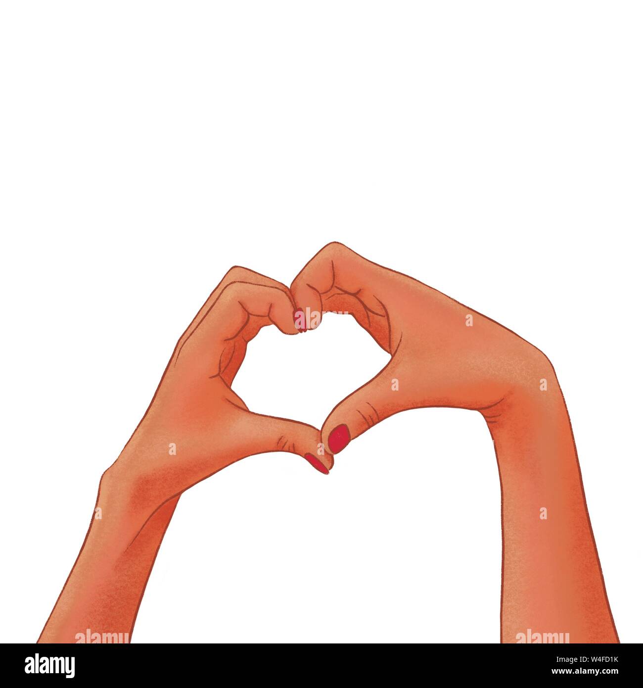 Drawn woman's dark-skinned hands making a heart shape on a white ...