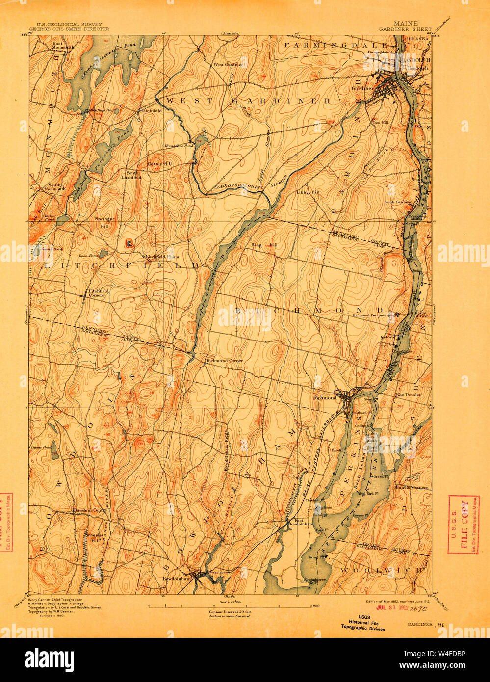 Maine USGS Historical Map Gardiner 807508 1892 62500 Restoration Stock